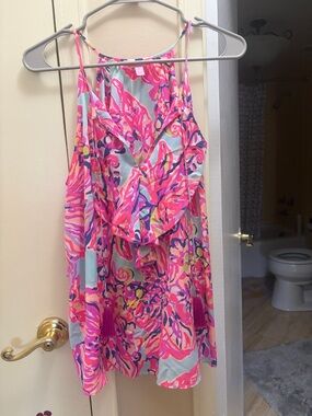 Lilly Pulitzer Pink Multi Floral Ruffle Halter Tank